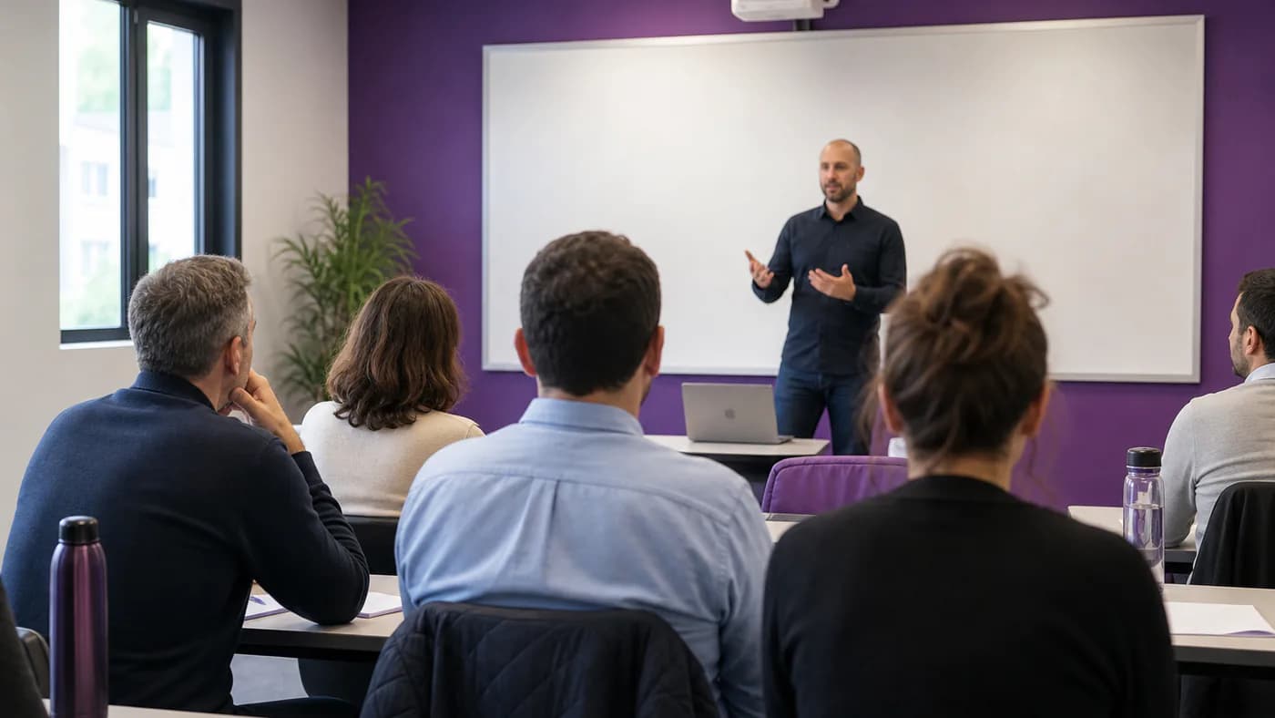 Formateur indépendant animant une session dans la salle de formation Isoburo Coulommiers