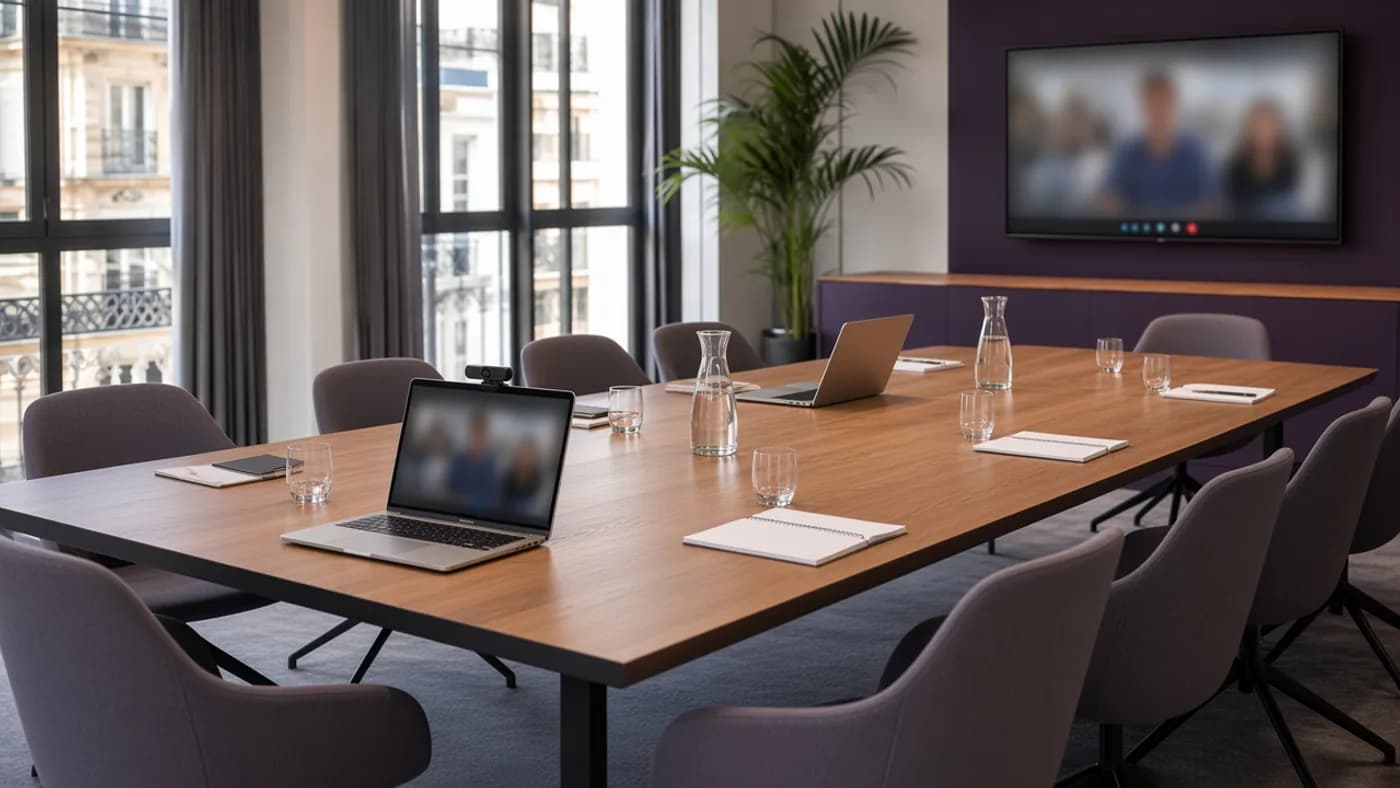 Salle de réunion hybride Isoburo à Coulommiers avec visioconférence, table modulable et fibre haut débit